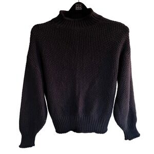 Women's Dark Navy Mock Neck Chunky Knit Sweater Relaxed Fit Cozy